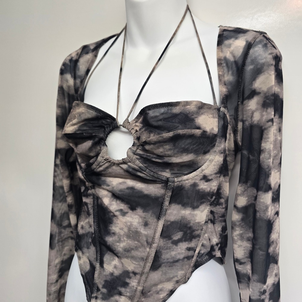 Fashion Nova Grey Tie Dye Mesh Corset Top Long Sleeve Halter XL Goth - Picture 3 of 9